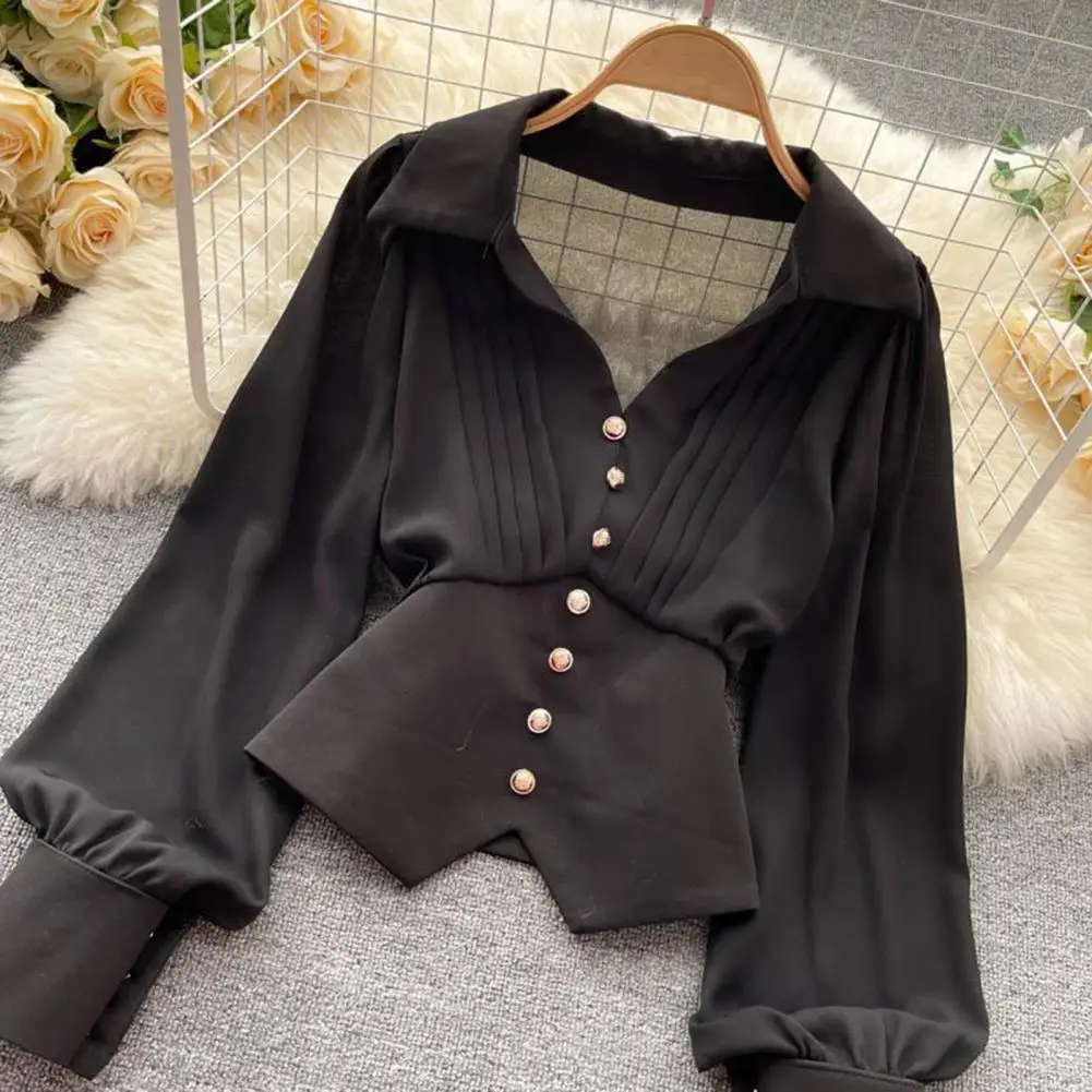 

Comfortable Long-sleeve Shirt Women Shirt Style Lapel V-neck Puff Sleeve Shirt Irregular Hem Solid Color Top for Women Elegant