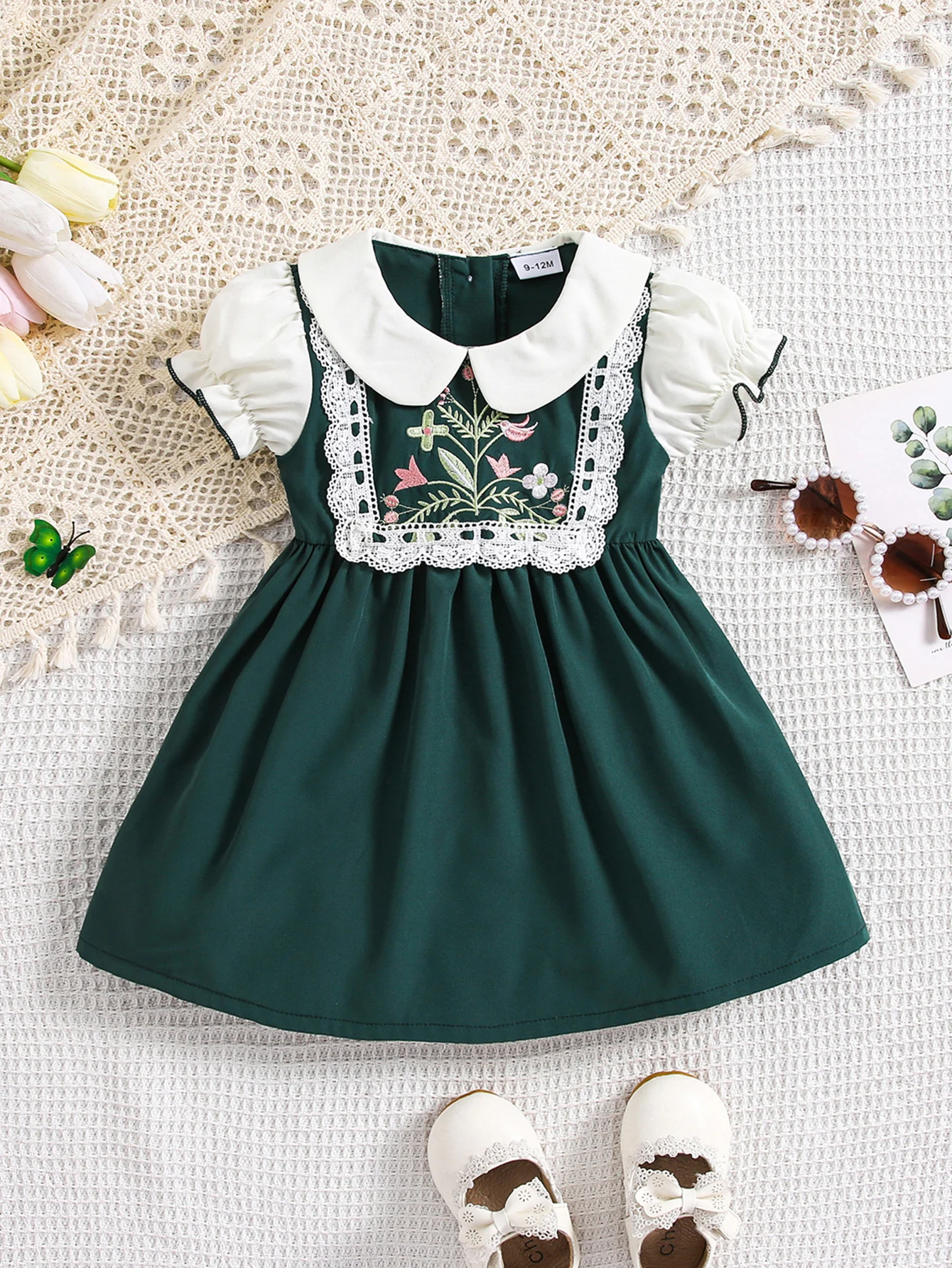 Cute Baby Girl Pastorale Style Dress with Bubble Short Sleeved Doll Collar&Lace Frame Dress for Girls Aged 1-3 Ranch Photography