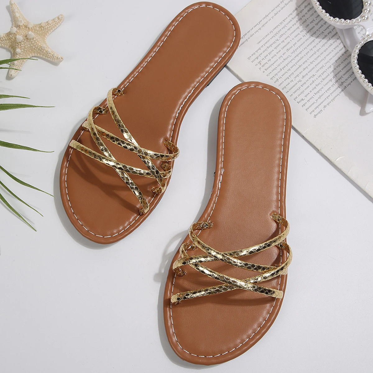 Women Golden Multi‑Criss Thin Strap Flat Slides Open‑Toe Lightweight Summer Beach Holiday Casual Non‑Slip Slipper Sandals
