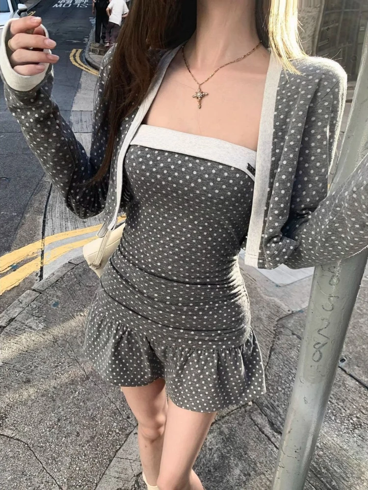 2026 Spring Hot Girl Polka Dot Skinny Dress Suit Korean Fashion Designer New Bustier Dresses Women + Long Sleeve Short Cardigan