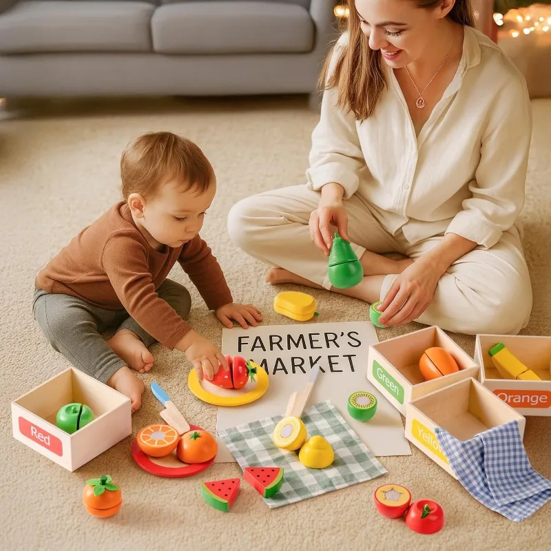 子供向けギフト-果物野菜カットセット-シミュレーションキッチンごっこ遊び-木製クラシックゲーム-知育玩具