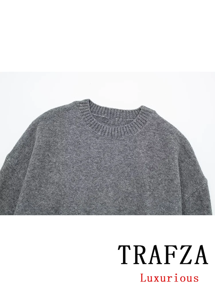 TRAFZA Vintage Casual Chic Women Sweater Solid O-Neck Long Sleeve Knitted Loose Sweater New Fashion 2024 Autumn Winter Sweater