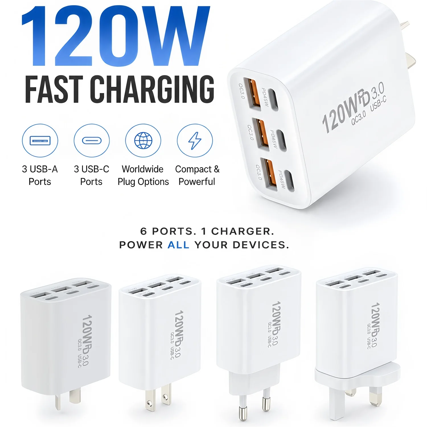 120W GaN 6 in 1 Fast Charging Phone Charger USB C Charger Power Adapter Type C EU/US/AU/UK Wall Charger For iPhone Samsung Xiaom
