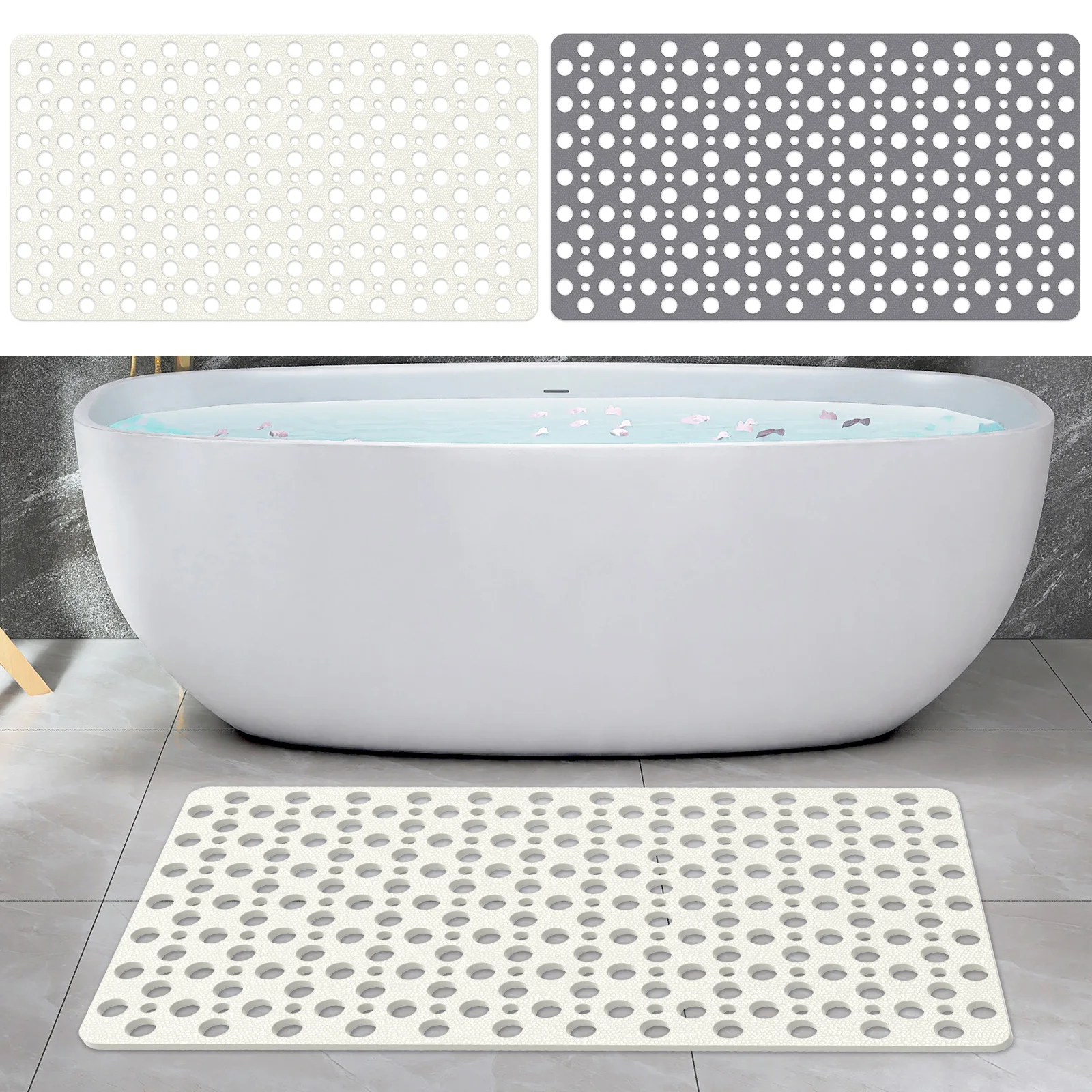 Bathtub Mat 27.6×15 inches TPE Non-Slip Bath Mat with Suction Cups and Drainage Holes for Elderly Children Grey and White Shower