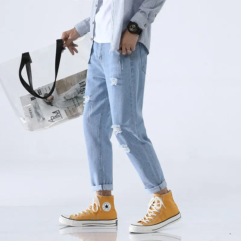 Spring Summer New Fashion Button Zipper Ankle Length Pants Man High Street Casual Loose Cotton Pocket Hole Patchwork Trousers