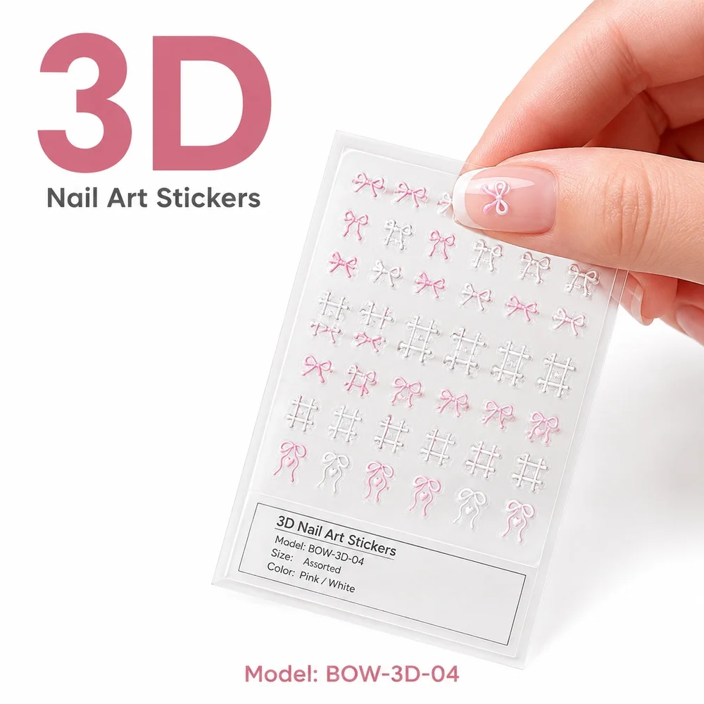 1Pc Kawaii Lace Grid Nail Decals Embossed Pink White Ribbon Bow Tiny Love Heart Waterproof Single Sheet Salon Manicure Accessory