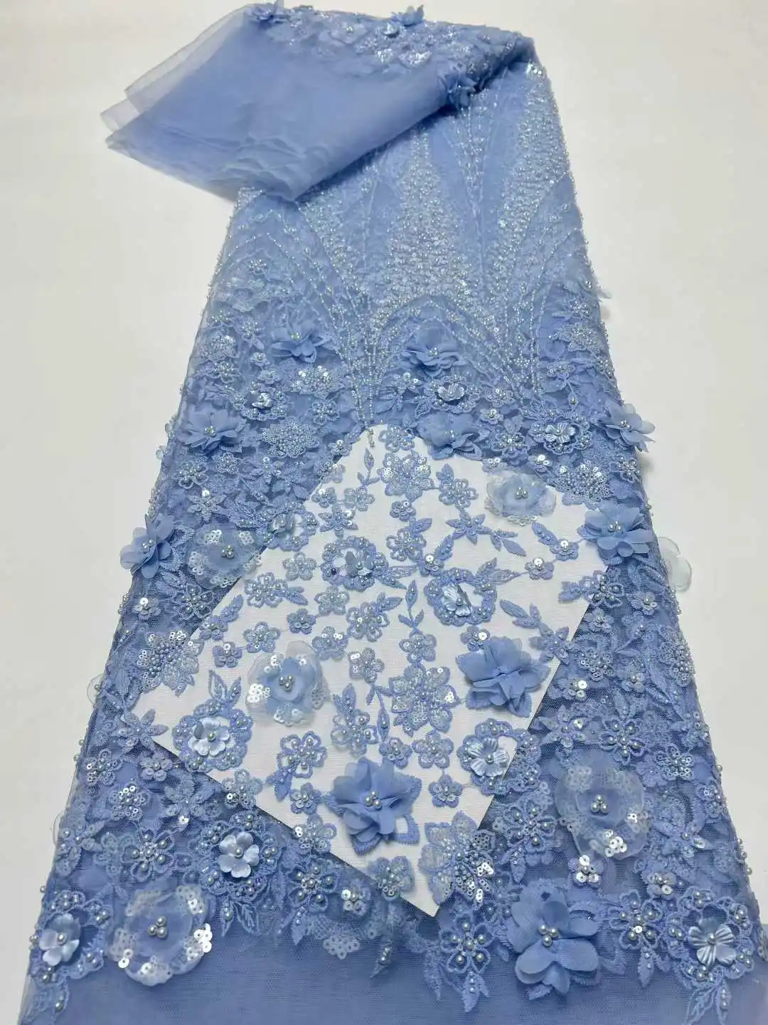 2026 African 3D Flower Lace Fabric Embroidery French Mesh Lace Fabric Beaded Sequins Groom Nigerian Tulle Lace For Party Dress