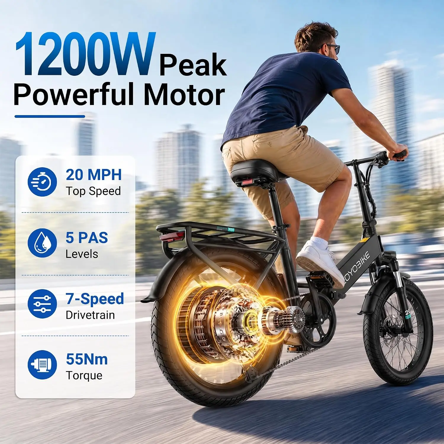 Foldable Electric Bicycle Adults 1200W Peak Power 45 Miles Range, Customized