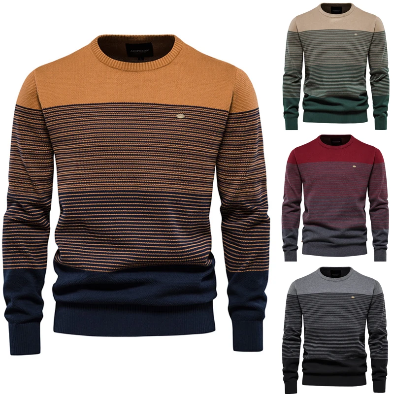 2023 Autumn Retro Round Neck Pullover Top Long Sleeve Trendy Men's Sweater Slim Fit Round Neck Striped Men's Size Knit Sweater