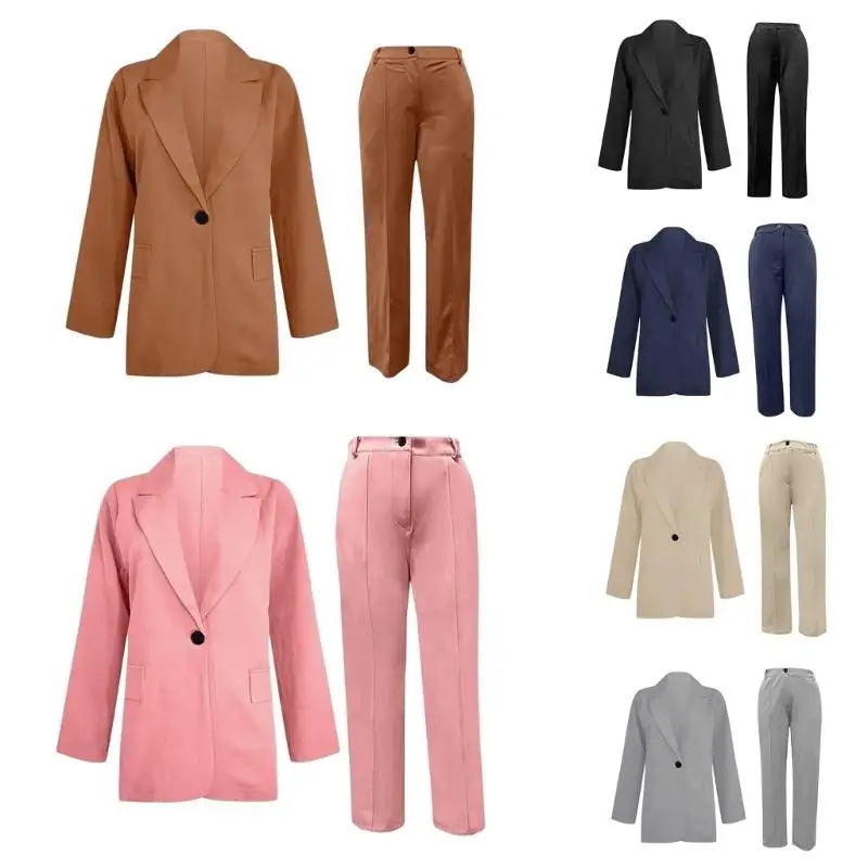 

Women Casual Coat One Button Loose Long Sleeve and Pants Set Office Suit Suitable for Various Occasion