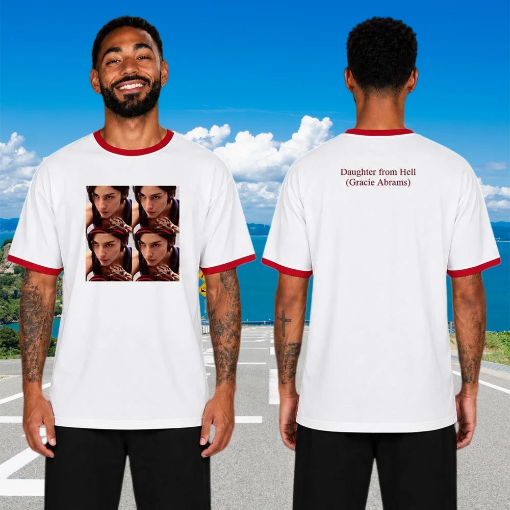 2026 New Gracie Abrams Daughter From Hell Ringer T-Shirt White Red Trim Front Photo 3D Print Short Sleeve Tee Family Clothing