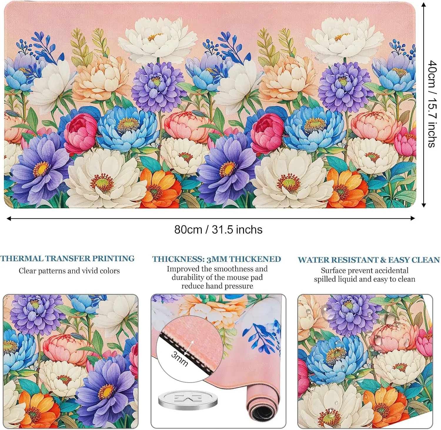 Colorful Peony Large Desk Mouse Pad, Mixed Bright Wild Blooms Pink Background Floral Print, Non‑Slip Mat For Gaming Office Desk