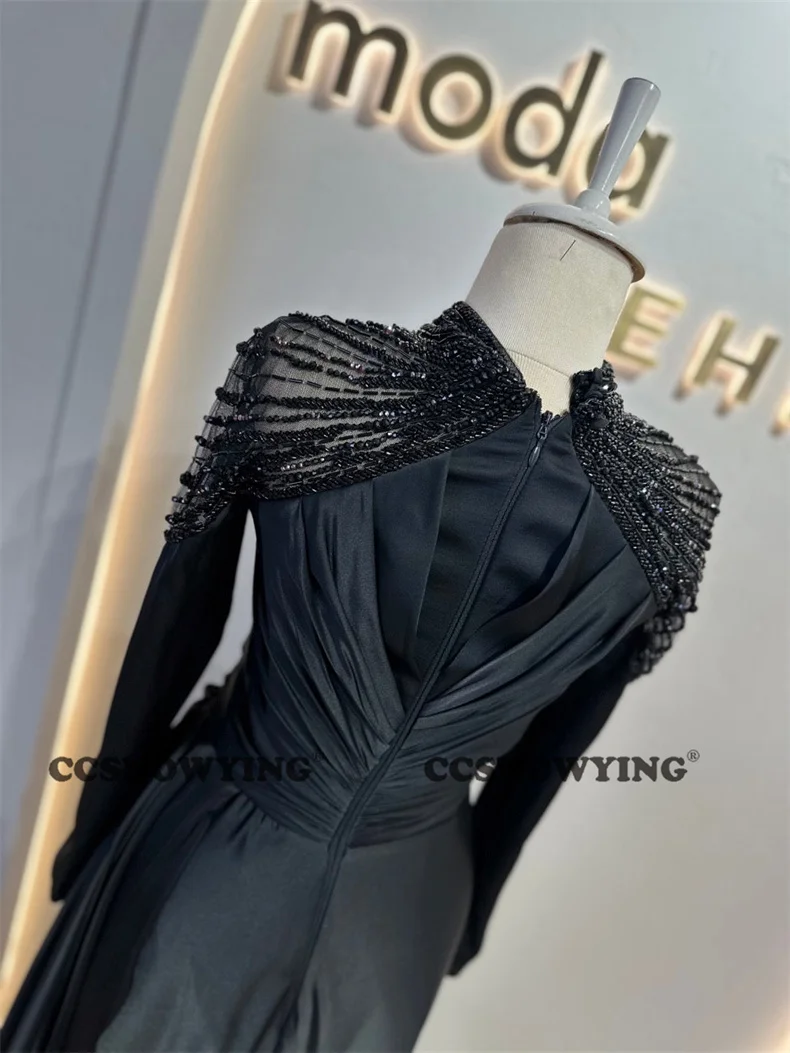 Muslim Satin Beaded Evening Dress Long Sleeve Prom Dress High Neck Islamic Arabia Dubai Formal Party Gown Hijab Robe De Soiree