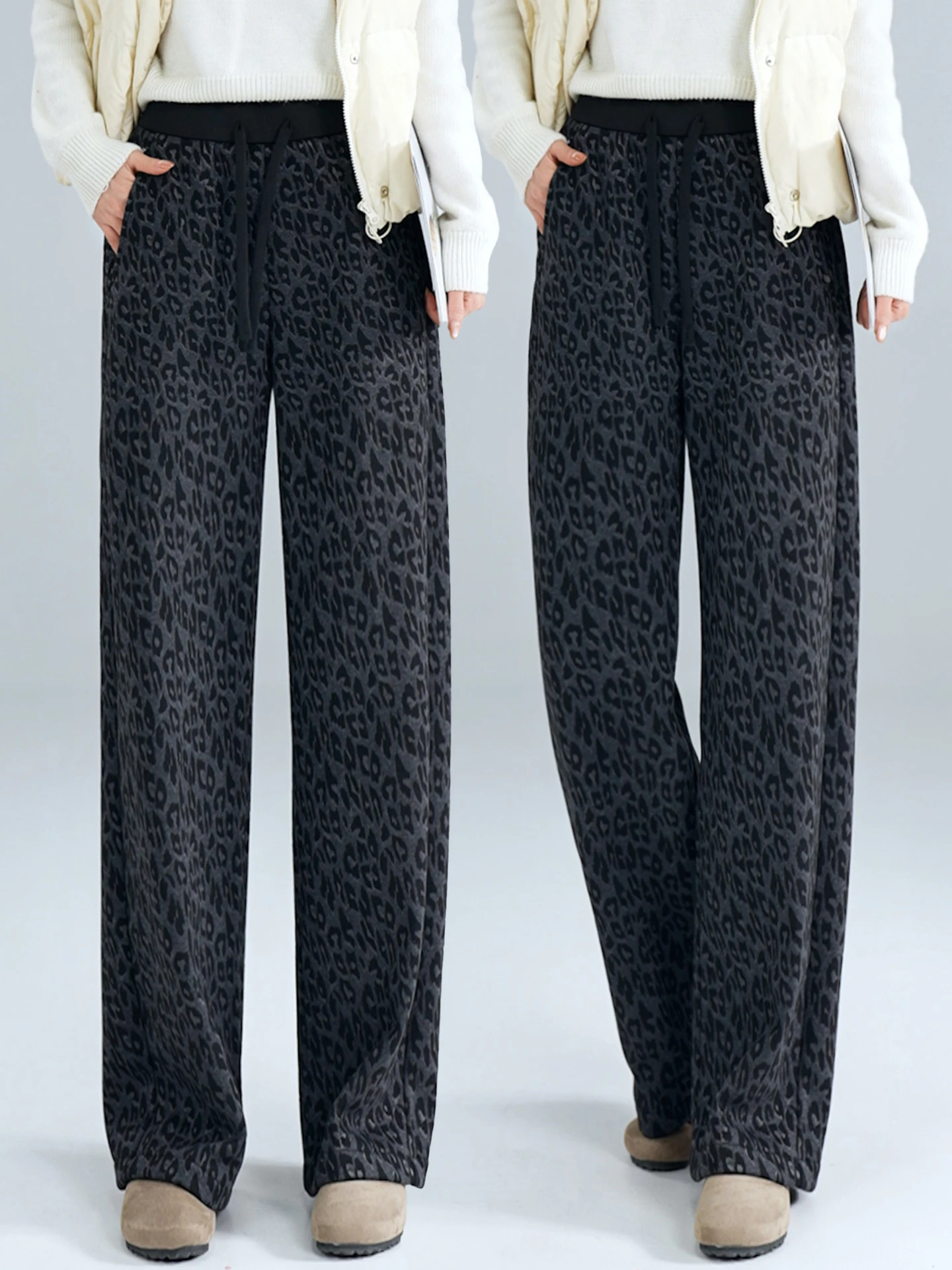 

Модные женские брюки с леопардовым принтом, с высокой талией, на флисовой подкладке, прямые широкие брюки, осенне-зимние повседневные свободные брюки
