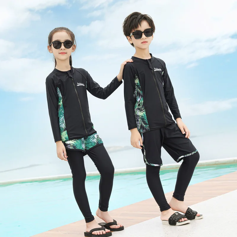 Three Piece Long Sleeve Cover Up Swimwear Korean Beach Wear Kids Girls Boys Swimsuits Patchwork Surf Bathing Suits Shorts Pants