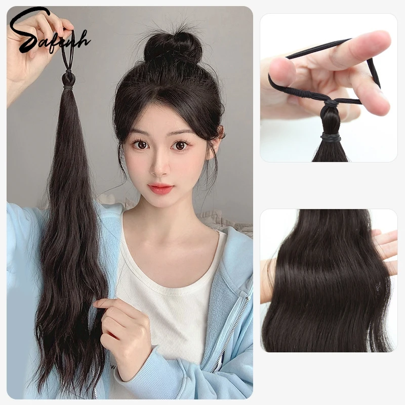 女性のための長い波状の編組ポニーテールヘッドバンド,ゴムバンド付き合成かつら,ストレートポニーテールエクステンション,弾性ヘアリング