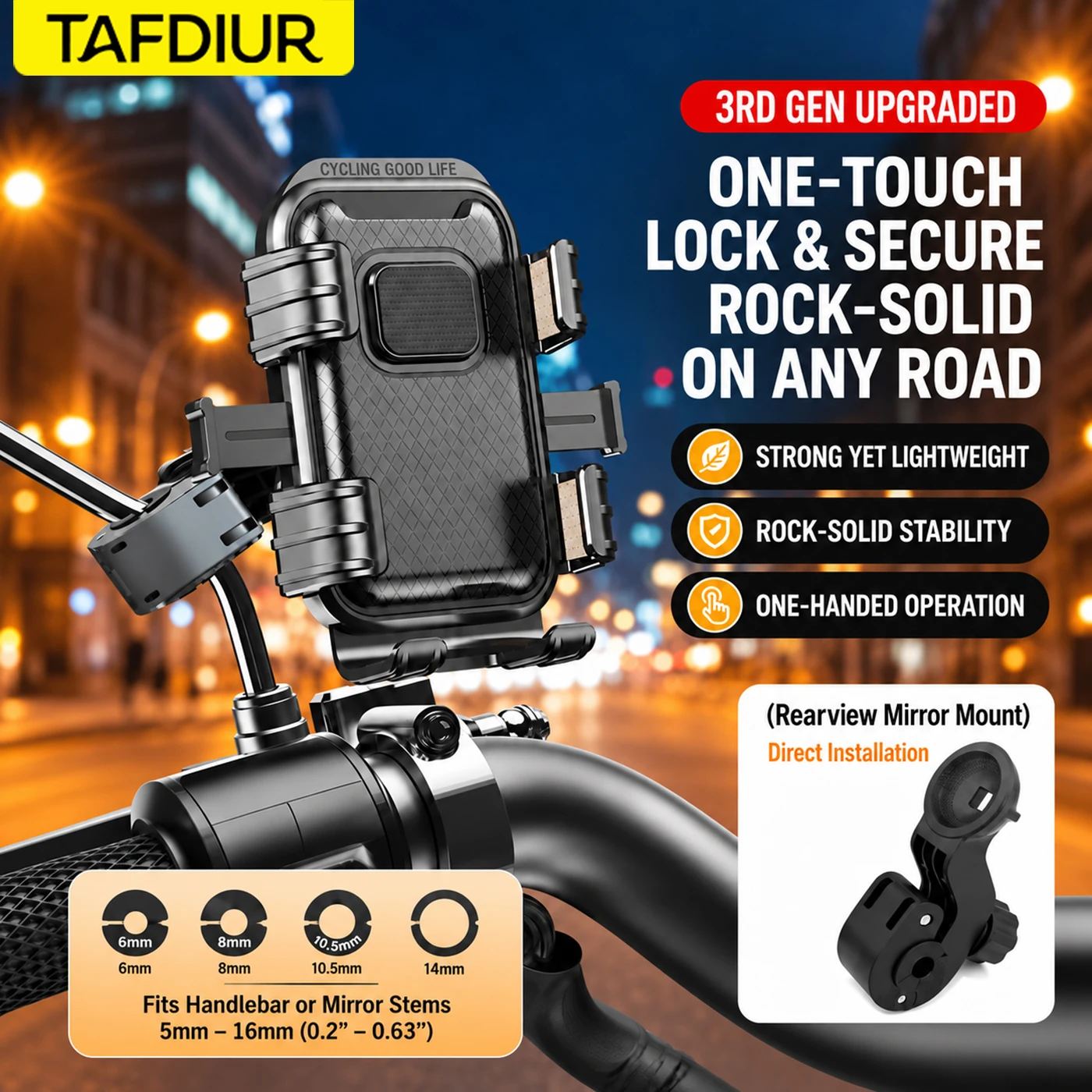 Tafdiur 1-Piece Abs Material Press-To-Unlock Motorcycle Phone Mount, Suitable for Motorcycles/Electric Scooters, Etc., with Six-Claw Stable Locking + Shock-Absorbing Airbag, No Need to Remove the Rearview Mirror for Installation, 360-Degree Rotation ° Rotating Adjustment, Compatible with Various Smartphones view 3