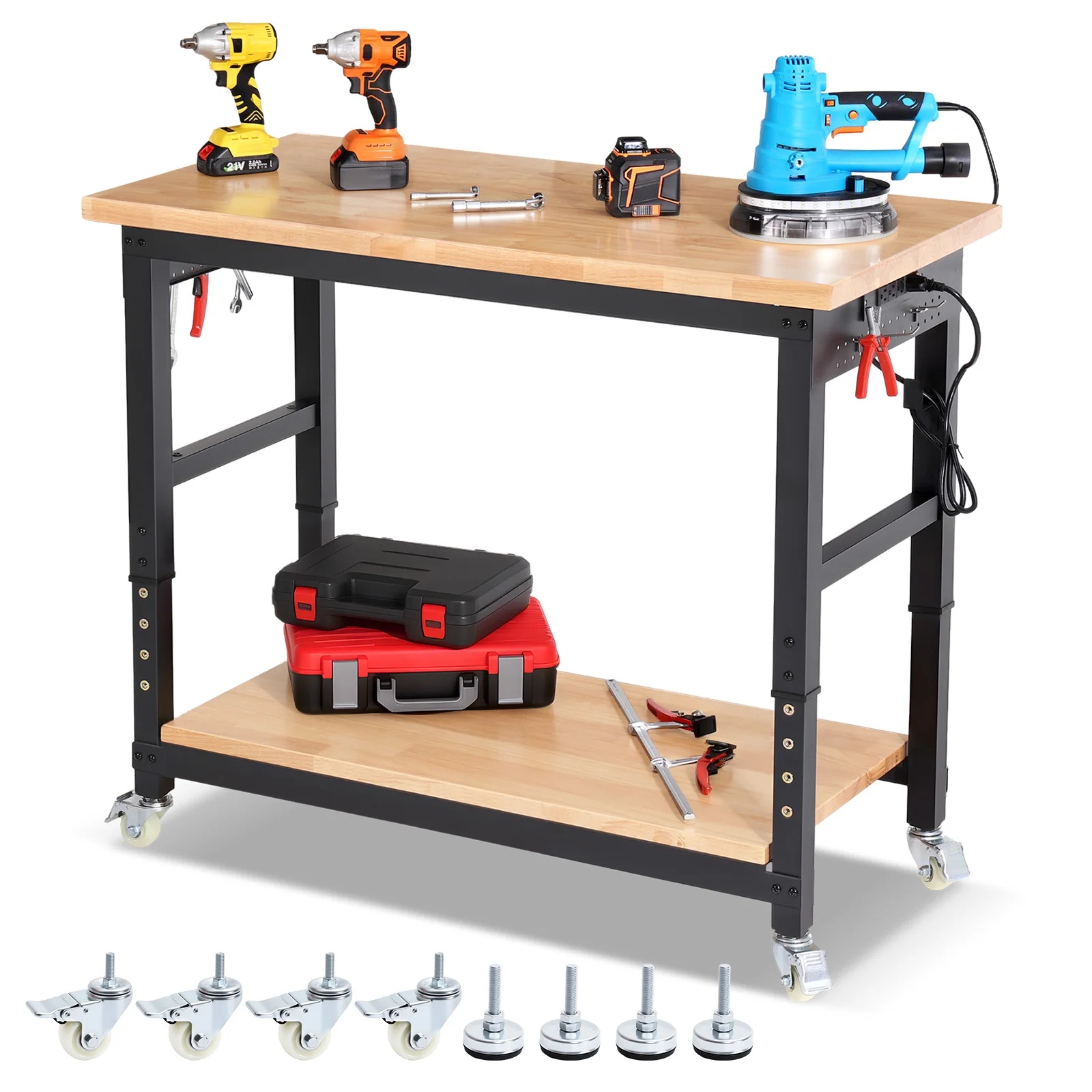 ENJOYWOOD Workbench w/ Wheels 48 Inch Adjustable Height Work Table with Under Table Shelf & Power Outlets Work Bench for Garage