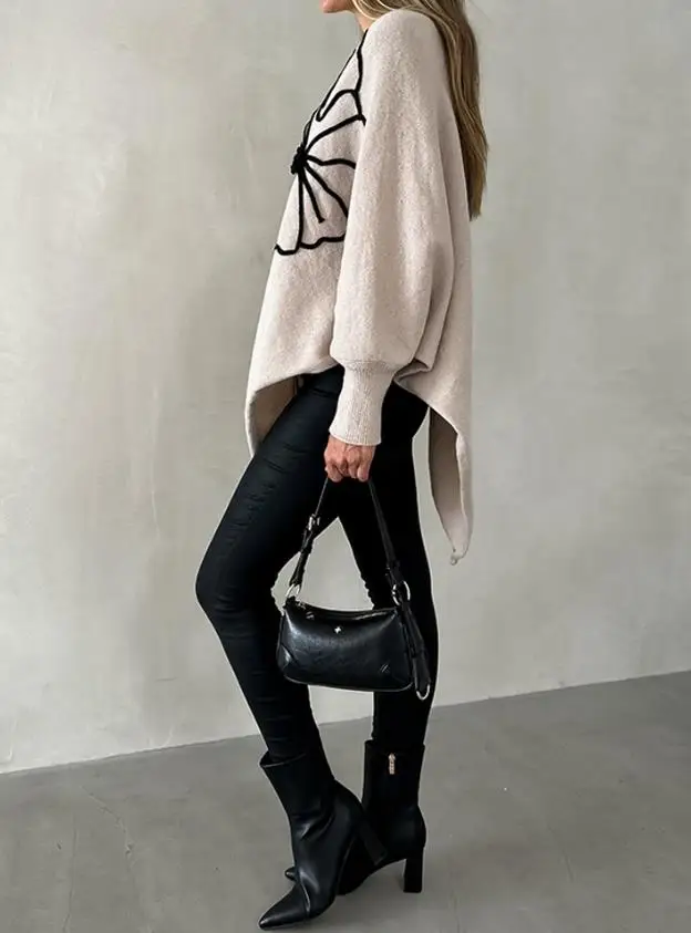 

Casual Loose Fit Jacquard Batwing Sleeve Asymmetrical Sweater Top Elegant Long Sleeve Knitwear for Women