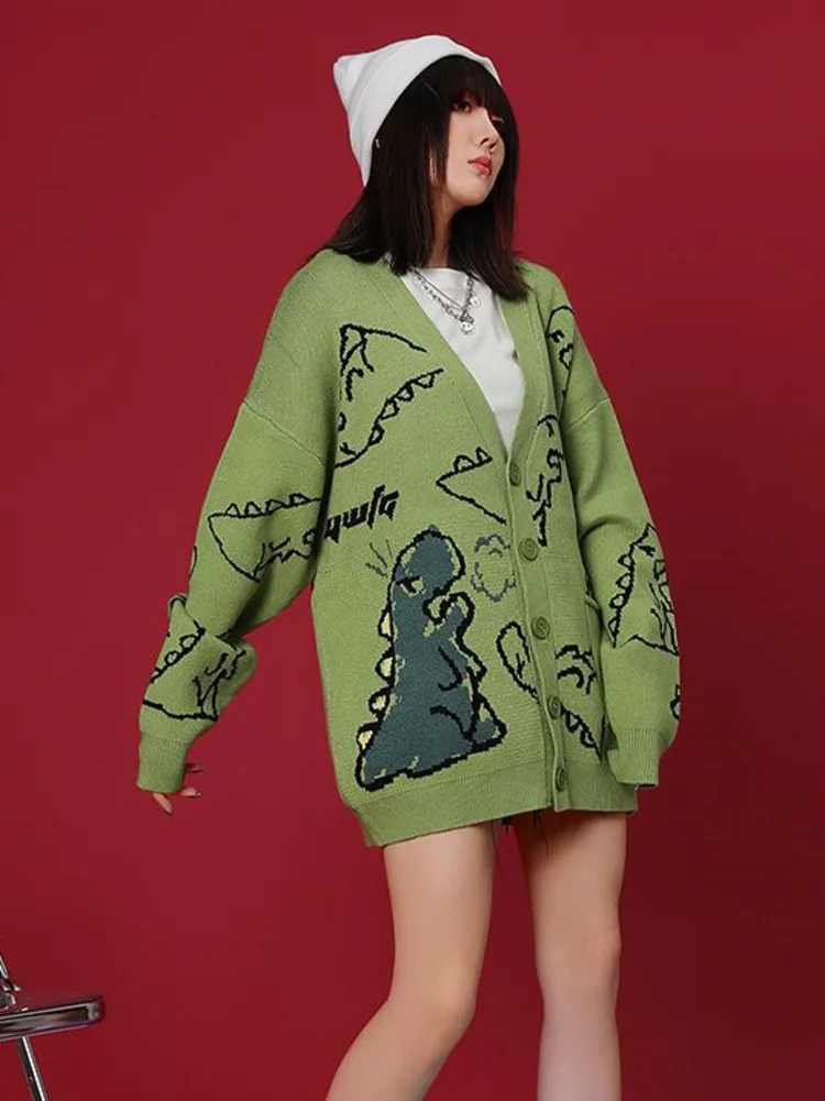 Oversize V-neck Cartoon Dinosaur Sweater Cardigan Coat Women Men Autumn Winter Loose Lazy Style Outerwear Baggy Vintage Knitwear