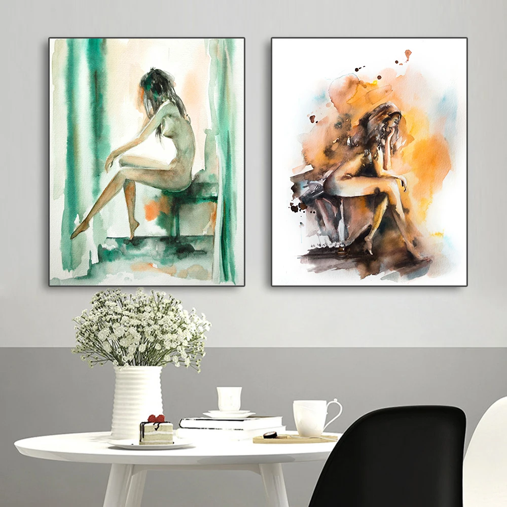 

Abstract Orange Green Nude Watercolor Painting Red Flame Female Figure Art Poster Canvas Toilet Living Room Home Wall Decoration