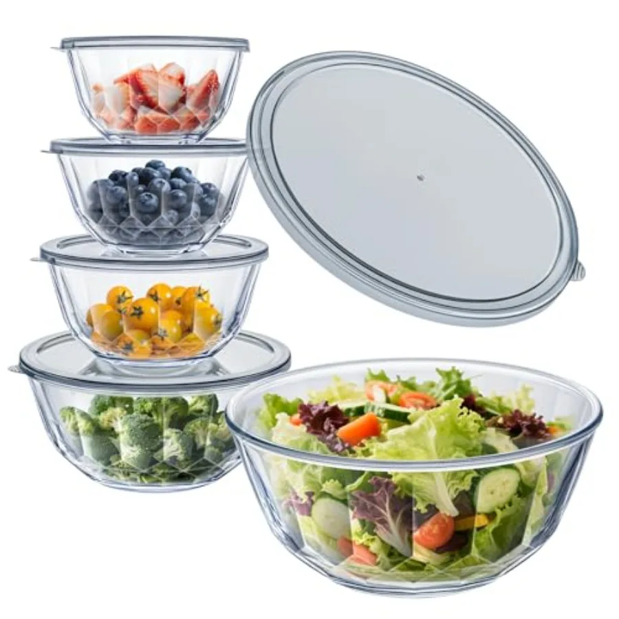 

s Set of .70QT, 2.85QT, 1.69QT, 1.11QT, 0.85QT, Glass Bowls with Lids, Large Salad Bowls Space-Saving Nesting for Cooking, Baki