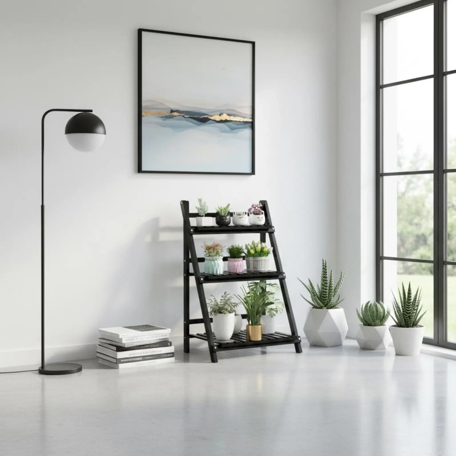 自立型フラワーポットラック-大容量ラダー型プラントシェルフ-折りたたみ式フラワーラック-頑丈な折りたたみ式ラダーシェルフ