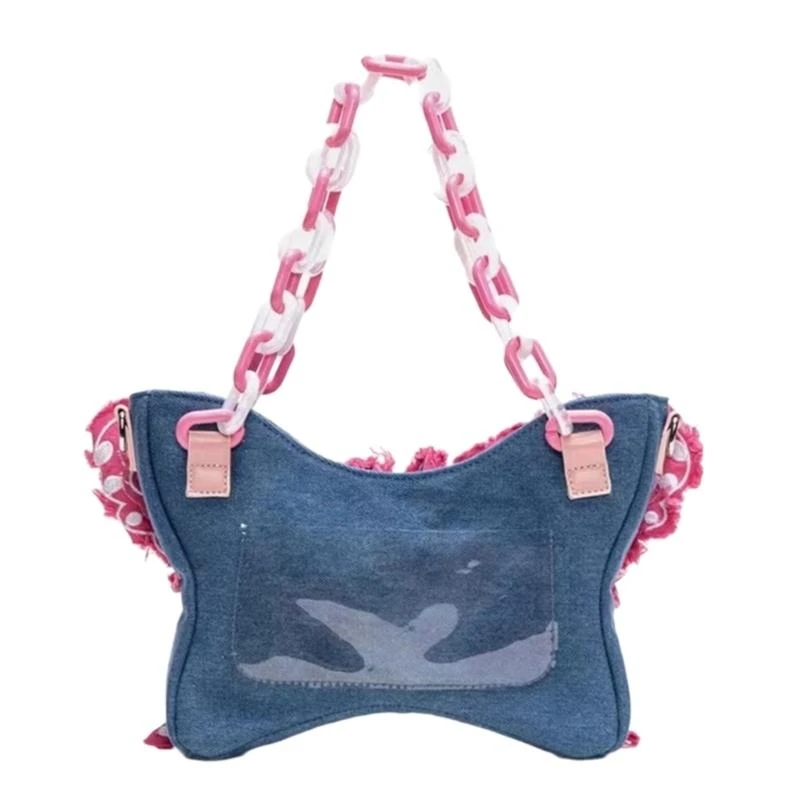 340D Denims Crossbody Bag with Acrylic Chain Aesthetic Butterfly Contrast Color Purse