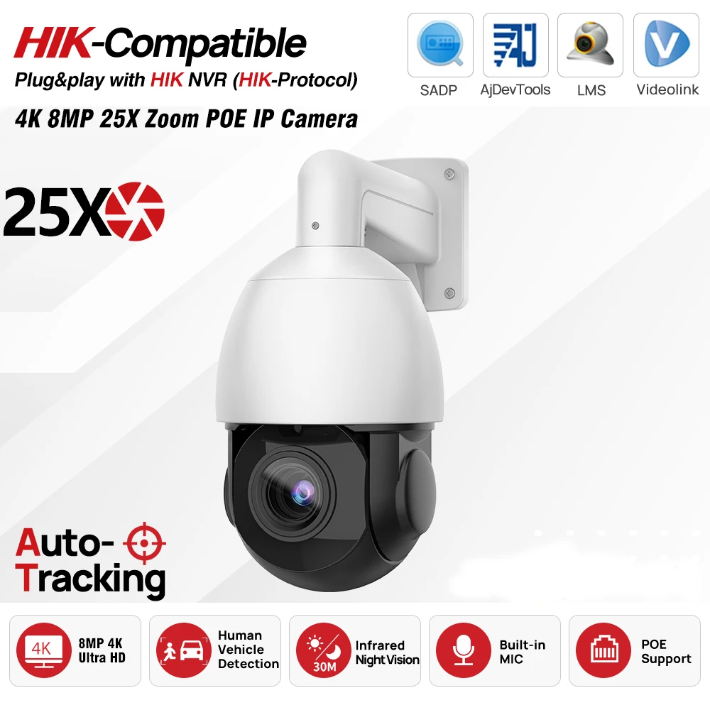 Cámara IP PTZ con Zoom 25X, Compatible con Hikvision, 4K 8MP, Visión Nocturna IR100M, Cámara de Vigilancia de Video para Exteriores, Cámara de Seguridad CCTV