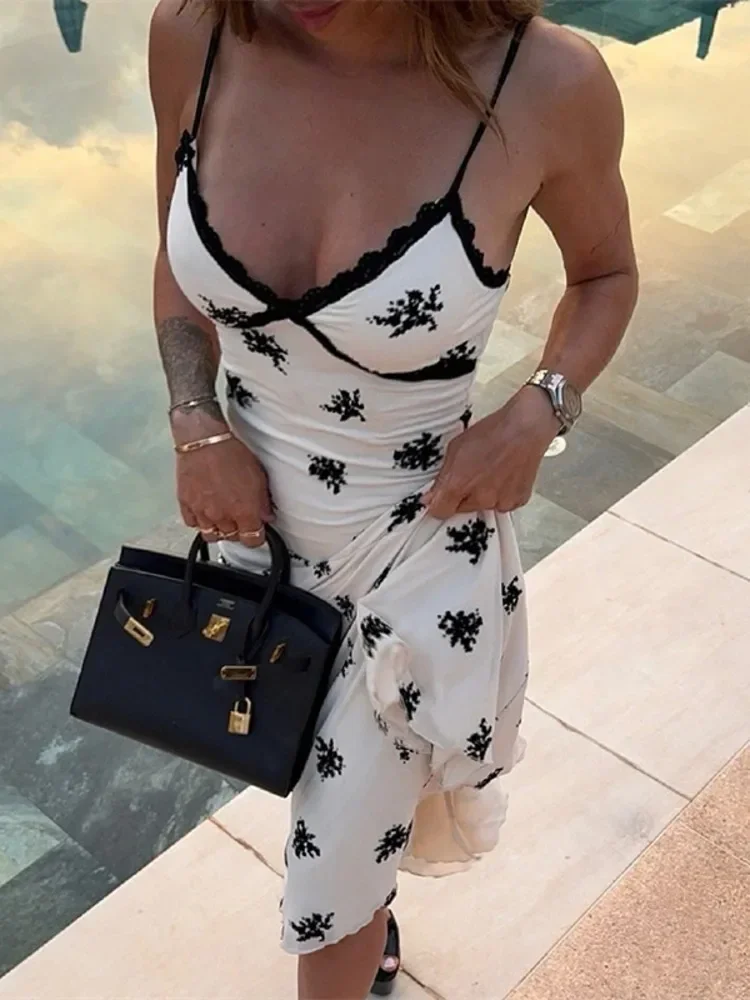 Chaxiaoa الدانتيل طباعة عارية الذراعين مثير فستان ماكسي المرأة ثوب أنيق السباغيتي حزام الخامس الرقبة بلا أكمام Bodycon نادي فستان طويل #3