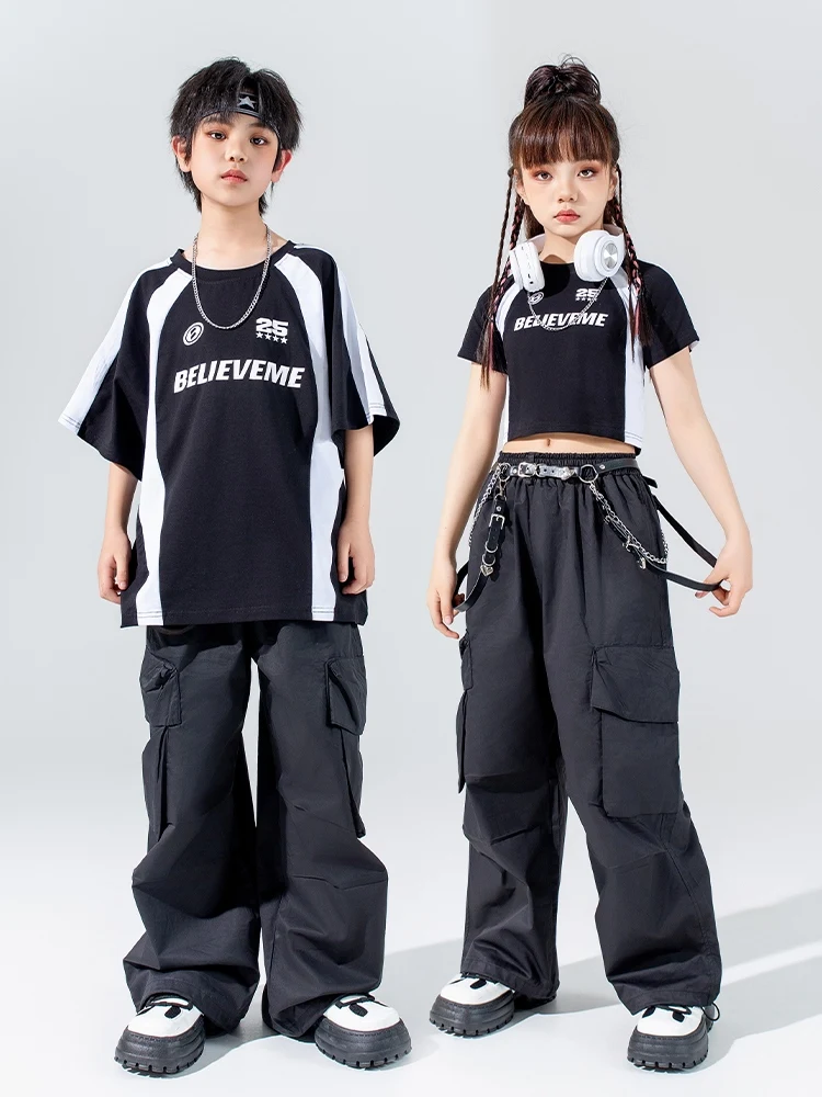 2024 Black Hip Hop Dance Costume Short Sleeves Jazz Practice Clothes Girls Boys Cargo Pants Kids Stage Show Clothing BL12960