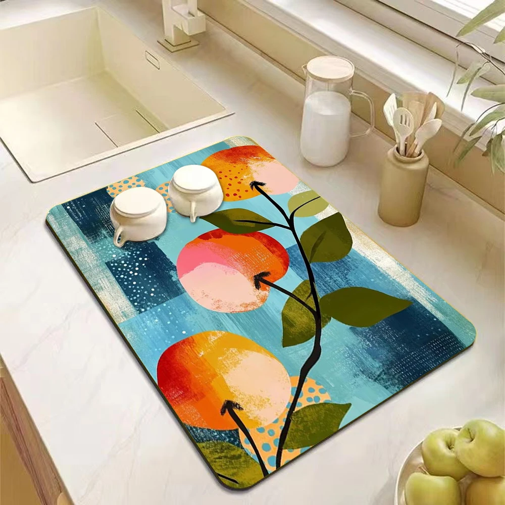 Summer Watercolor Fruit Print Dish Drying Mat Absorbent Kitchen Counter Mat Colorful Berry Watermelon Table Pad Kitchen Home Dec