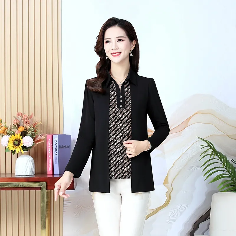 Elegant Women Patchwork Fake Two Piece Lapel Long Sleeve Shirt Spring Autumn Casual Basic Blouse S 4XL