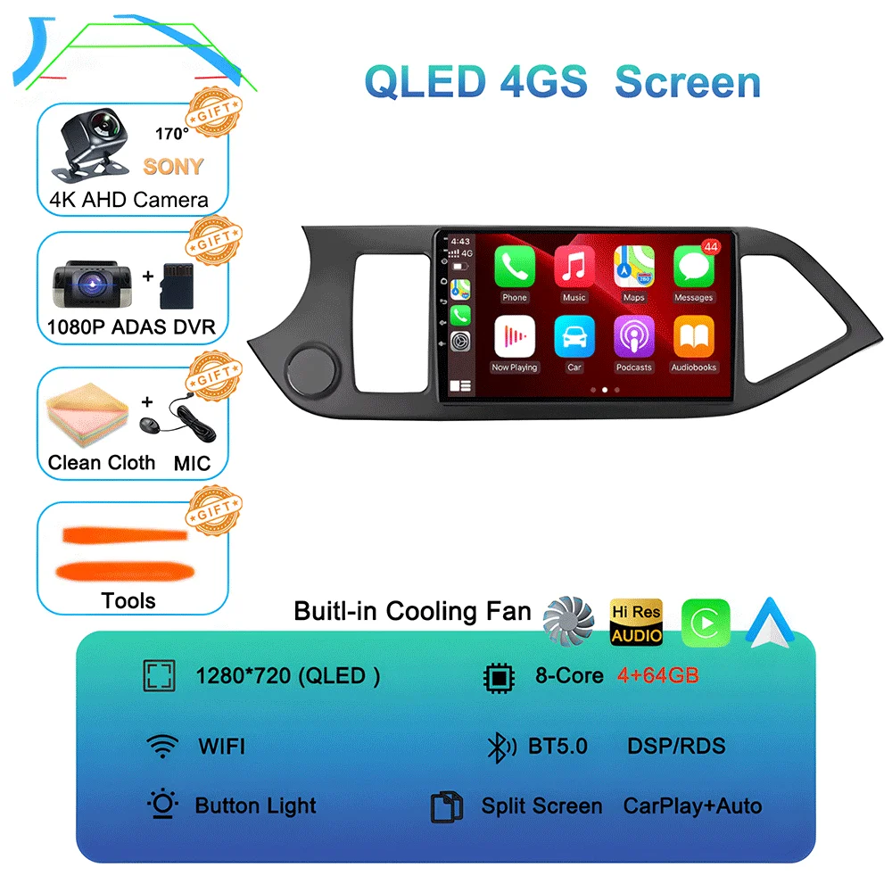 Android 16 Carplay Auto Voor KIA PICANTO Morning 2011 2012 2013 2014 2015 2016 Multimedia Auto Radio Navigatie Speler WIFI + 4G DSP