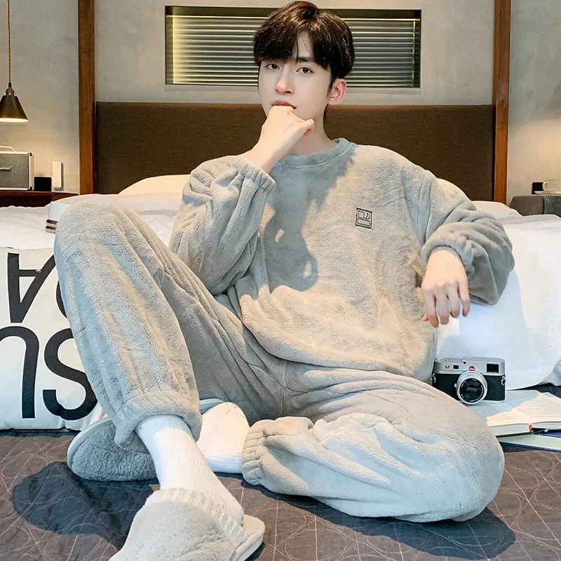 Soft Coral Fleece Pajamas Suit Men Winter Thickened Fleece Warm Flannel Homewear Male Autumn Fashion Thermal Loungewear Gents