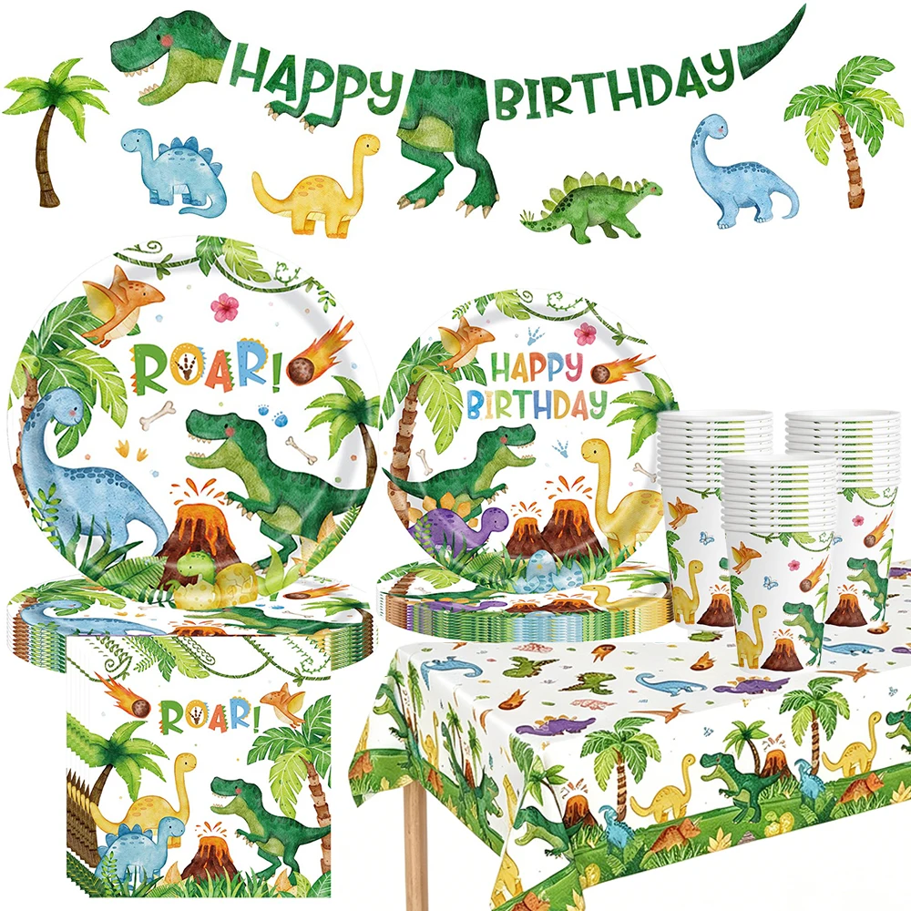 Dinosaurier-Geburtstags-Tischgeschirr Pappteller Becher Servietten Tischdecke Banner Kinder Jungen Dino-Gefürstet Geburtstagsparty Dekorationen Zubehör