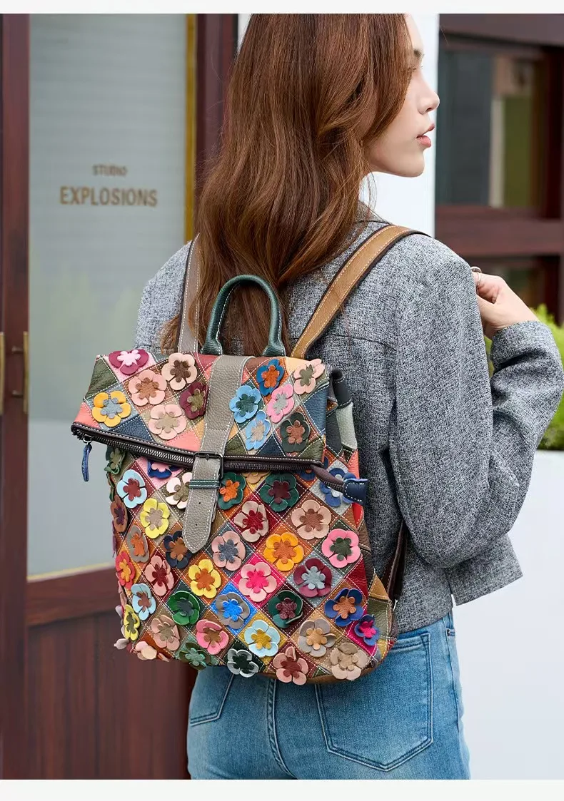 Vintage Women Genuine Leather Backpack Flower Real Cow Leather Shoulder Bags Fashion Patchwork Ladies Cowhide Travel Bagpack - view 5