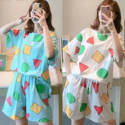 Short-Sleeved Pyjamas Women Summer Cartoon Cute Geometric Homewear Large Size Loose Casual Comfortable Pullover Shirt Plaid