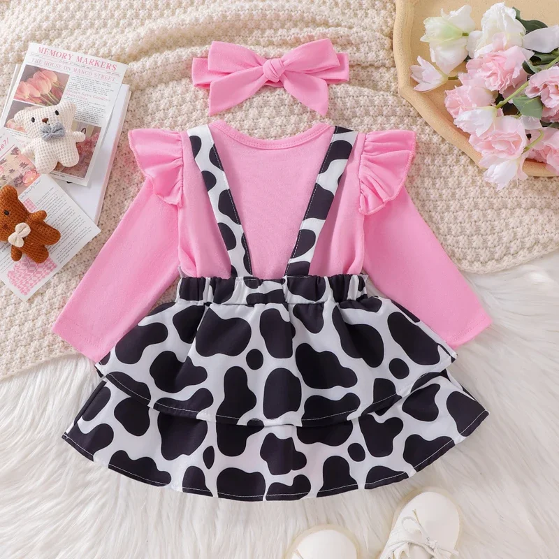 SUNSIOM Baby Girl Fall Outfits Solid Color Romper Cow Pattern Print Ruffles Suspender Skirt Headband 3Pcs Clothes Set