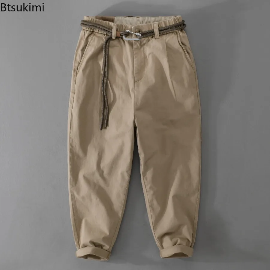 New 2026 Men's Workwear Pants Versatile Loose Fit Casual Workwear Trousers for Men Pure Cotton Solid Color Waistband Pants Male