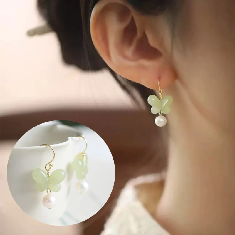 Gold Color Hotan Jade Butterfly Earring For Women Girl Fine Jewelry Lovely Jewelry Birthday Gift Dropshipping Wholesale