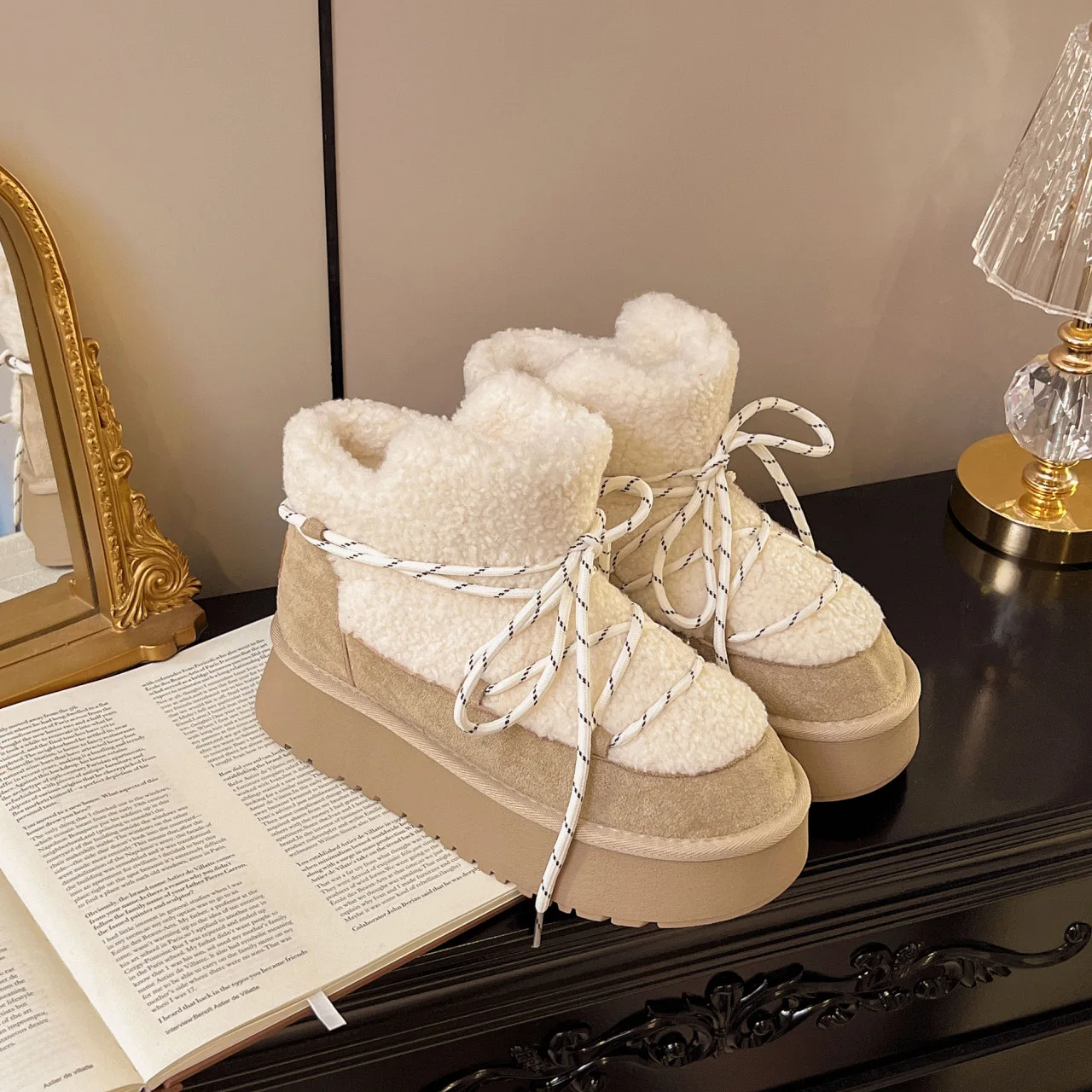 

2026 новые женские шерстяные зимние ботинки, ботильоны на толстой подошве со шнуровкой на осень и зиму, теплые шерстяные нескользящие повседневные ботинки