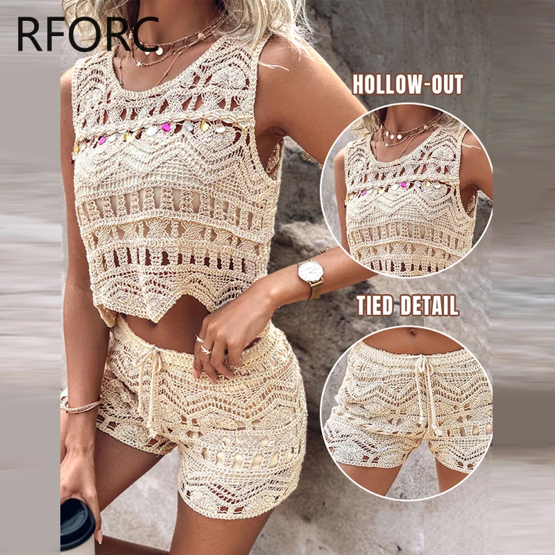 2024 Women Solid Hook Flower Hollow Asymmetrical Tied Detail Crop Top & Bottom Two Pieces Chain Decor Short Set