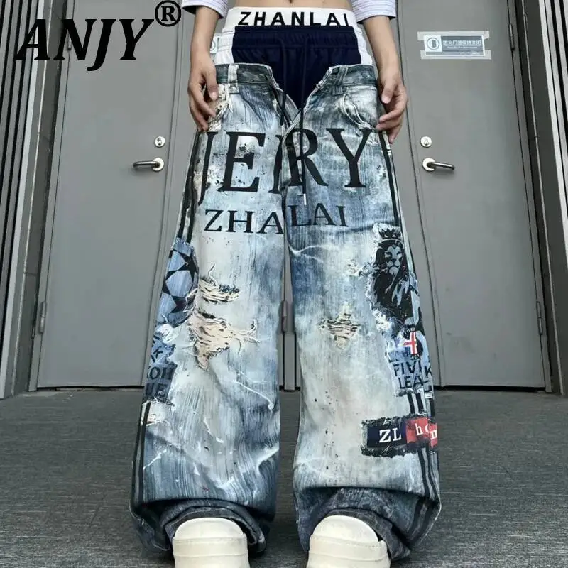 

ANJY Spring Autumn New Women 3D Digital Print Graffiti Letter Design Jeans Stylish Streetwear Loose Wide-Leg Denim Pants A21826