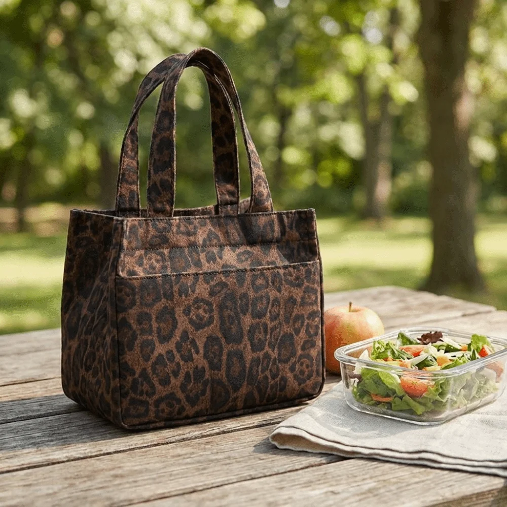 Vintage Leopard Print Leopard Print Lunch Bag Large Capacity Multi Pocket Lunch Handbag Portable Canvas Food Carrier Bag School