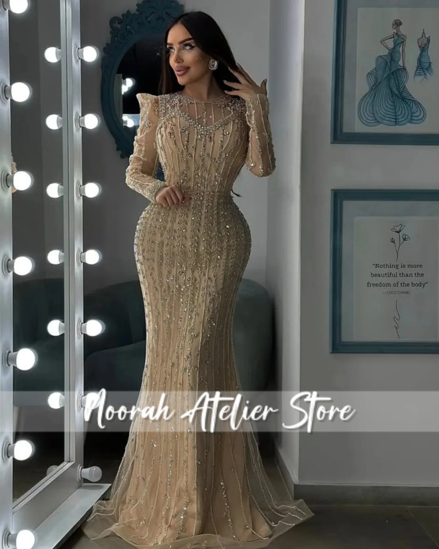 Elegant Champagne o N Beaded Long Sleeves New Luxurious Women's Evening Dresses 2025 Dubai Long Party Gown Vestidos Customized