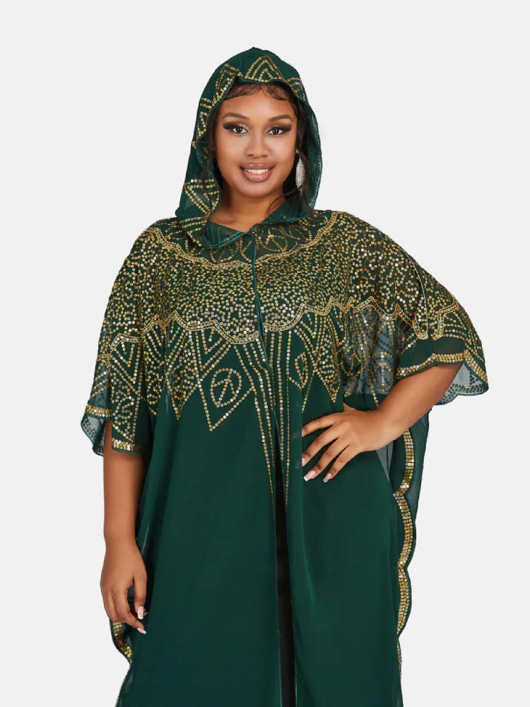 Women\'s Fashion Classic African Chiffon Fabric Sequin Loose Hooded Long Dress Ramadan Dubai Hooded Abaya Cafe Robe