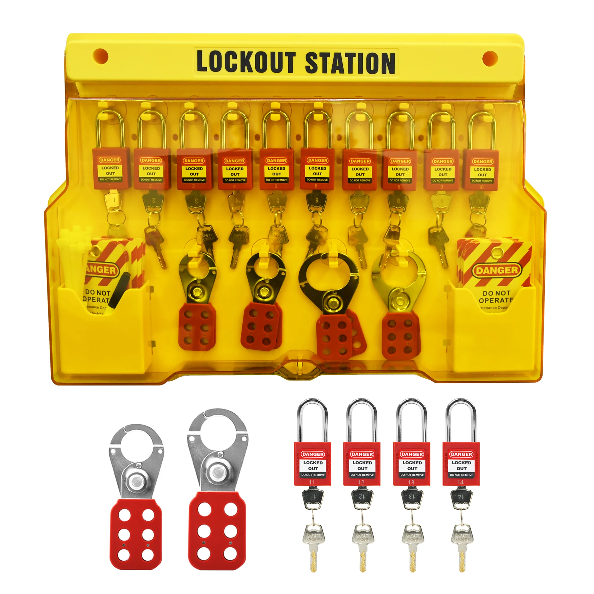 HiLink LOTO Manufacturer Lockout Tagout Kit Device Include 14 Padlocks, 1 Lockout Station, 4 Lockout Hasps, 40 Lockout Tags