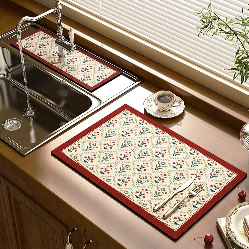 Kitchen Drainage Mat Retro Style Dish Drying Pads Crystal Velvet Absorbent Placemats Drainer Tableware Mats Accessories