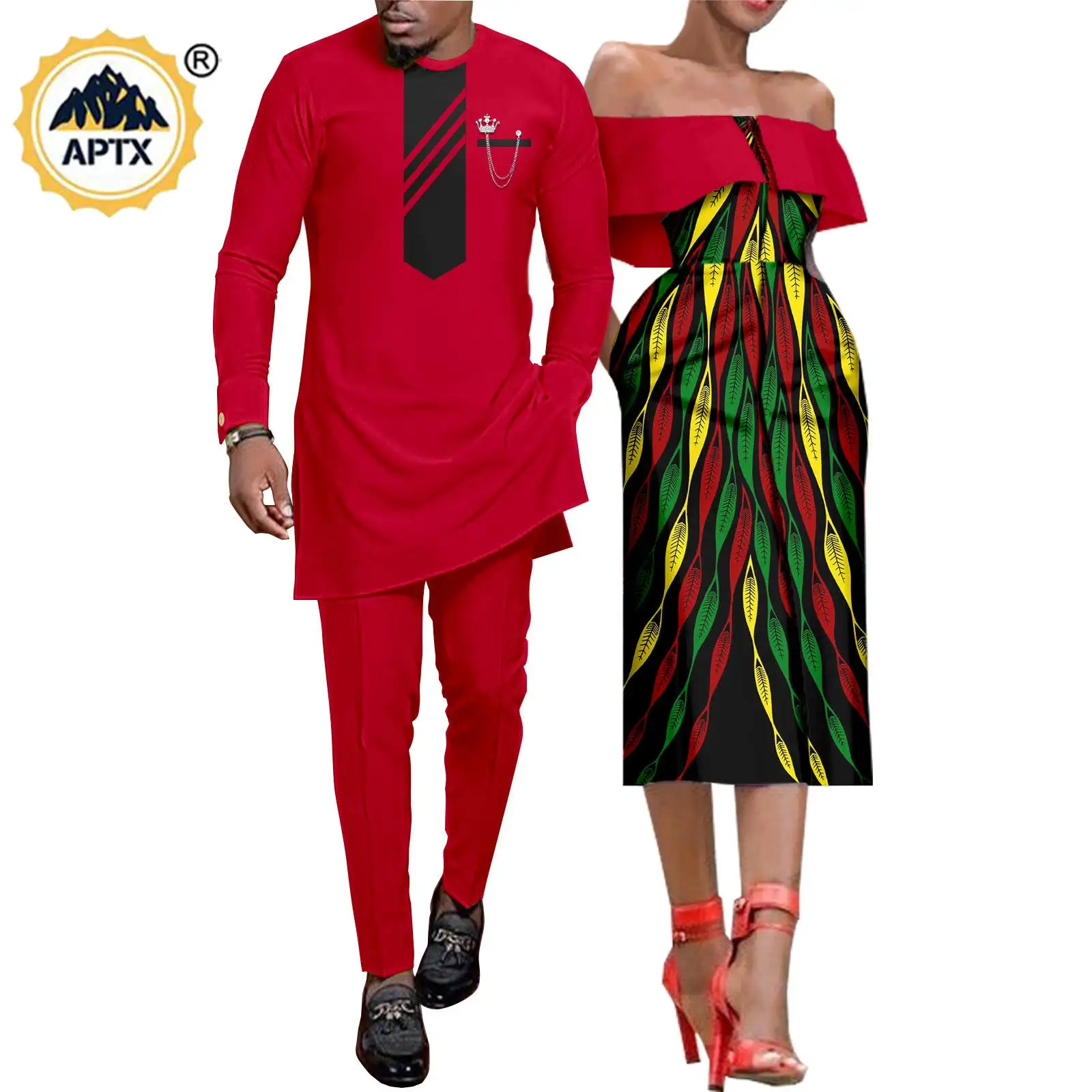 African Clothes for Couple Women Print Off Shoulder Dresses Matching Men Outfits Dashiki Long Vest Shirt and Pants Sets Y22C053